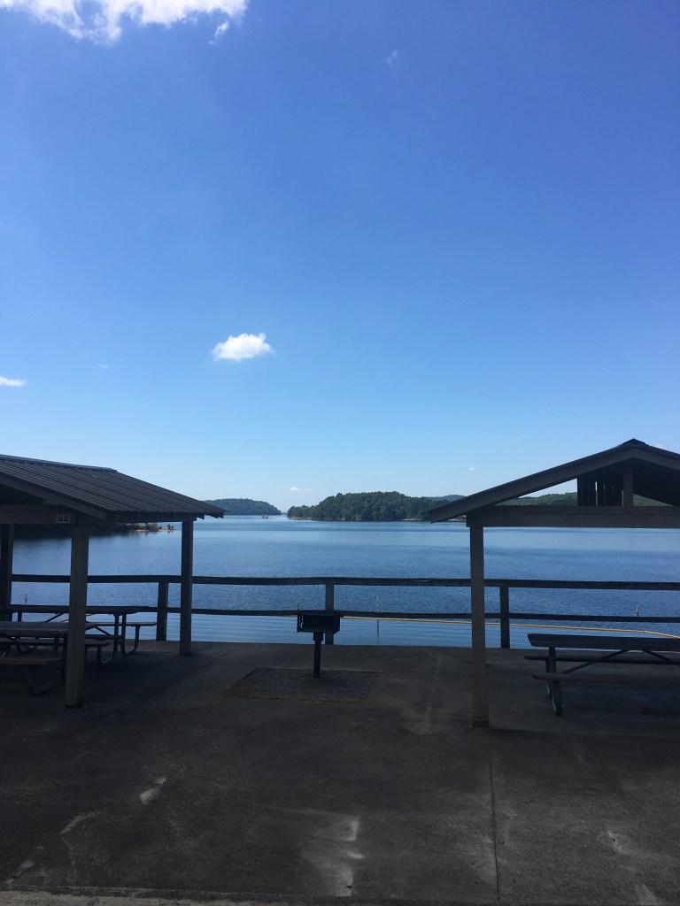 picnic pavilion overlooking Carters Lake